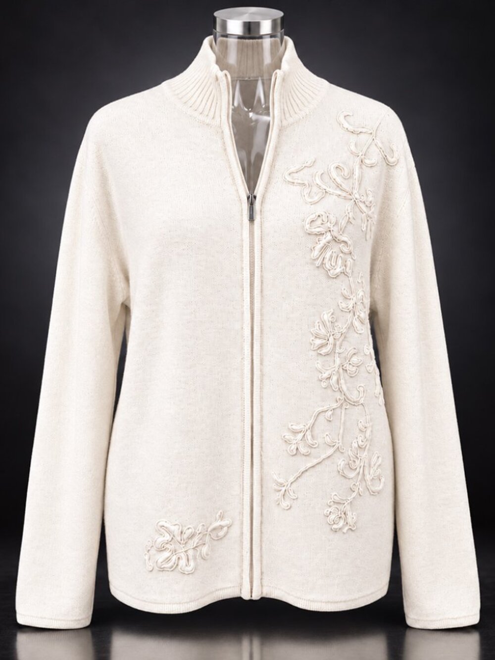 Karen Scott Cream Wool Zip-Up Cardigan Floral Embroidery Sz XL